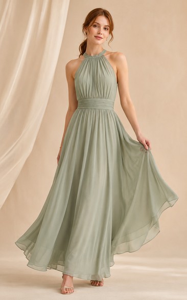 Salbeigrünes Chiffon-Brautjungfernkleid mit Neckholder und Teelänge in A-Linie
