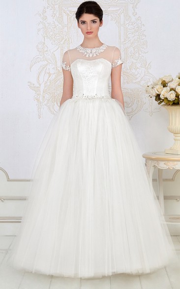 A-Line Long High-Neck Short-Sleeve Embroidered Tulle Wedding Dress With Pleats