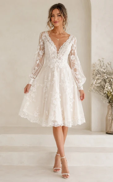 Vintage A-Line Wedding Dress Long Sleeve V-Neck Lace Tea-Length White Bridal Gown