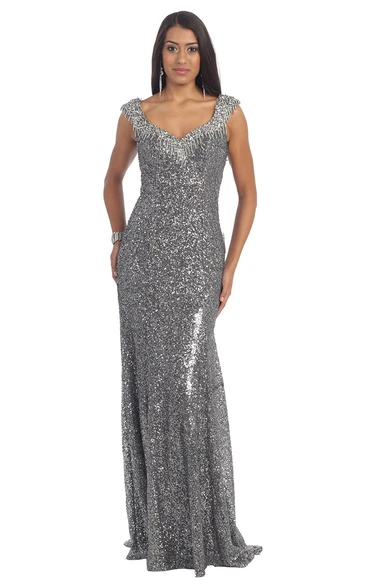 Sheath V-Neck Sleeveless Sequins Dress With Pleats