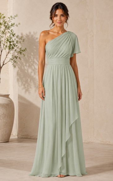 Sage One-Shoulder Chiffon Floor-Length Dress