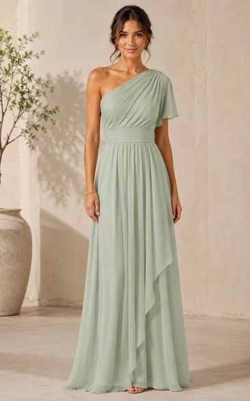 Sage One-Shoulder Chiffon Floor-Length Dress
