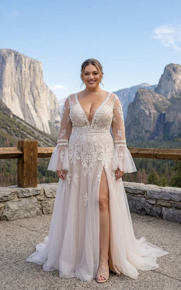 Plus Size Long Sleeve Lace Wedding Dress with Deep V-Neck and Split Front