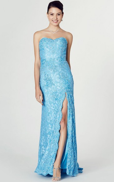 Strapless Beaded Lace Prom Dress With Appliques And Split Front