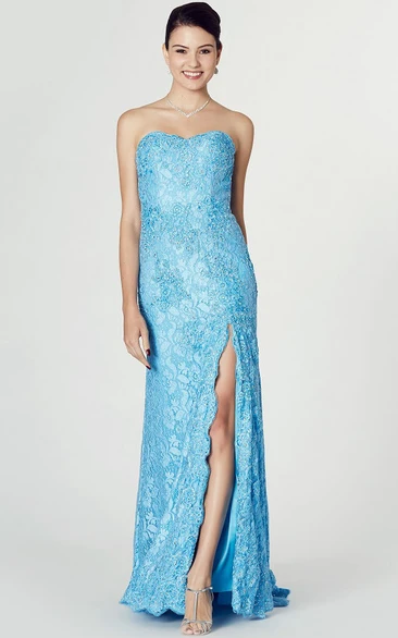 Strapless Beaded Lace Prom Dress With Appliques And Split Front