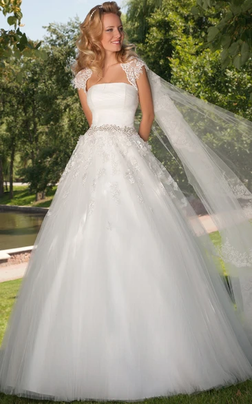 A-Line Maxi Strapless Jeweled Tulle Wedding Dress With Ruching And Cape