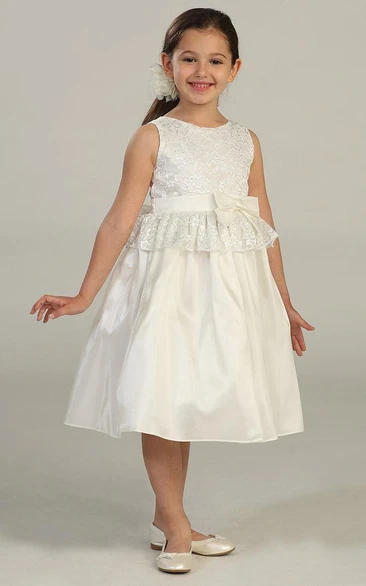 Knee-Length Tiered Lace&Taffeta Flower Girl Dress With Peplum
