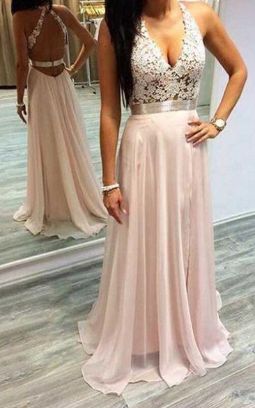 Chiffon Floor-length A Line Sleeveless Sexy Formal Dress with Lace and Ruffles