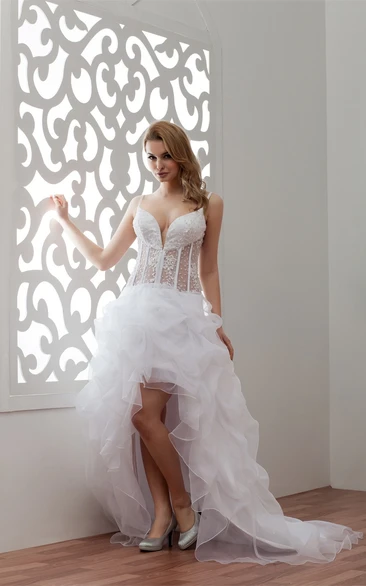 Plunged Front-Split Spaghetti-Strap Illusion Waist and Dress With Appliques