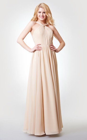 A-line Pleated Long Chiffon Dress With Straps and Sash