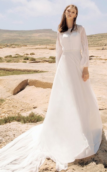 Simple A Line Chiffon Long Sleeve Illusion Poet Wedding Dress with Ruching