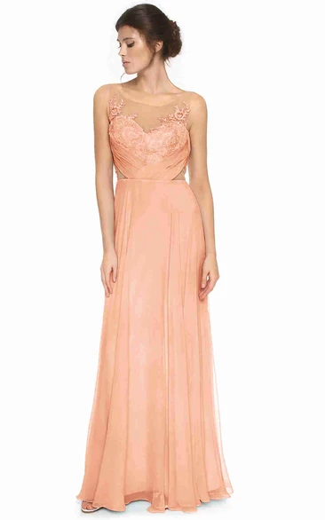 Sleeveless Scoop Neck Appliqued Tulle Bridesmaid Dress With Low-V Back