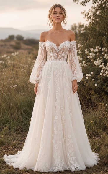 Boho A-Line Wedding Dress Off Shoulder Long Sleeve Sweetheart Tulle Lace Applique Floor Length Chapel Train Ivory