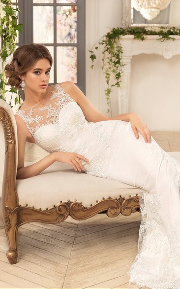 Sheath Long Scoop Sleeveless Illusion Lace Bridal Dress With Appliques