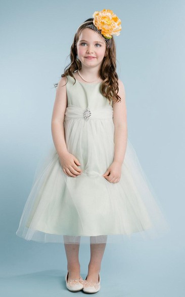Tea-Length Beaded Tulle&Satin Flower Girl Dress With Broach