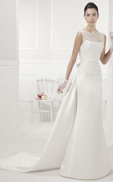 Lace Top Sheath Satin Bridal Gown With Bow Sash