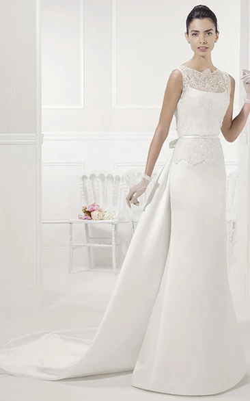 Lace Top Sheath Satin Bridal Gown With Bow Sash