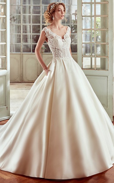 Strap-Neckline A-Line Wedding Dress With Lace Bodice And Satin Skirt