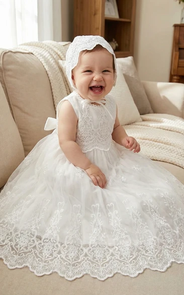 Christening White Baby Flower Girl Dress Sleeveless Lace Bonnet Gown