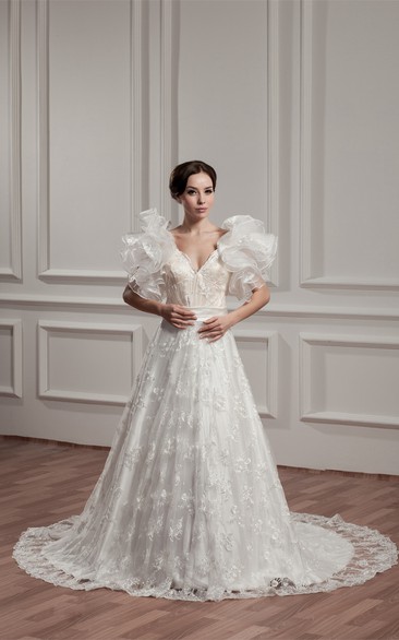 Plunged A-Line Ruffled Court Train and Gown With Lace