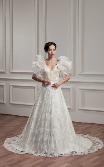 Plunged A-Line Ruffled Court Train and Gown With Lace