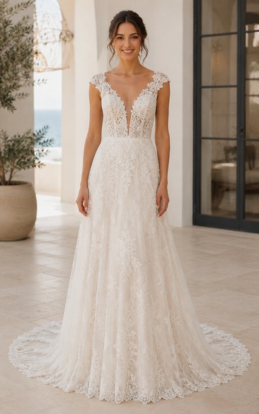 Cap Sleeve Lace A-Line Wedding Dress with Plunging V-Neck and Low V Back Train