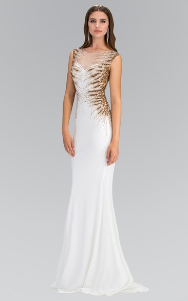Sheath Floor-Length Scoop-Neck Sleeveless Jersey Dress With Beading