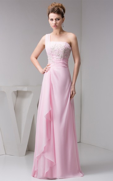 One-Shoulder Draped Chiffon Beading and Gown With Lace