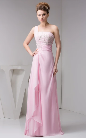 One-Shoulder Draped Chiffon Beading and Gown With Lace
