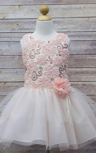 Embroideried Midi Floral Tulle&Sequins Flower Girl Dress With Ribbon