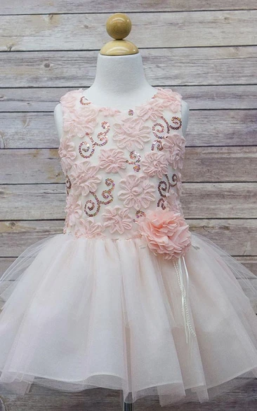 Embroideried Midi Floral Tulle&Sequins Flower Girl Dress With Ribbon