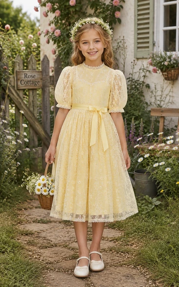 Daffodil Boho Tea-Length A-Line Lace Flower Girl Dress with Bow Sash