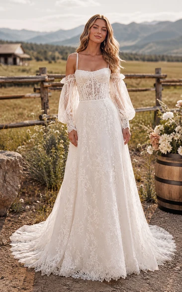 Square Neck A-Line Lace Country Wedding Dress with Detachable Puff Sleeves and Train
