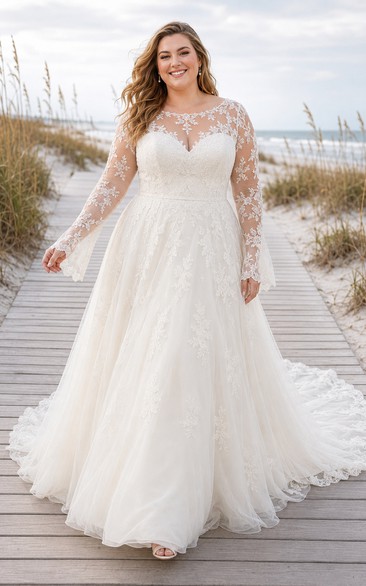 Plus Size Long Sleeve Lace A-Line Beach Wedding Dress with Tulle Train