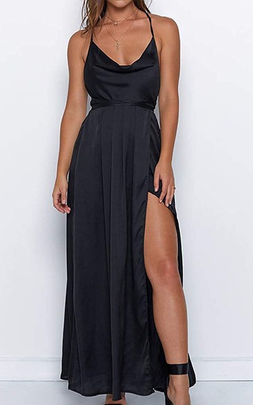 Modern Satin V-neck Cowel A Line Guest Dress With Ruffles and Split Front