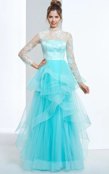 A-Line High Neck Long Sleeves Button Lace Tiered Floor-Length Prom Dress
