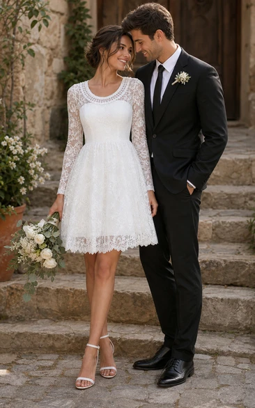 Robe de mariée classique de plage en dentelle à manches longues, longueur genou, ornée de perles