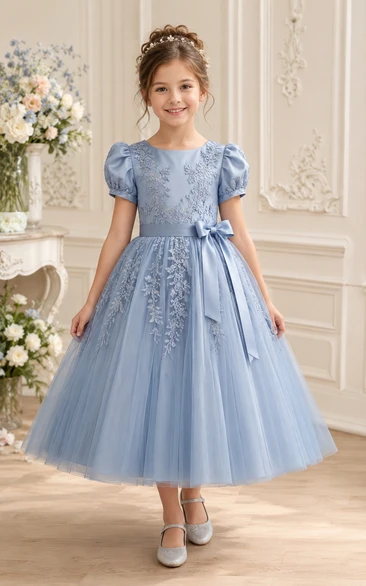 Slate Blue Tea-Length A-Line Lace Flower Girl Dress with Appliques, Floral Details, Bow Sash