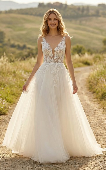 Lace V-Neck A-Line Wedding Dress with Tulle Skirt and Appliques