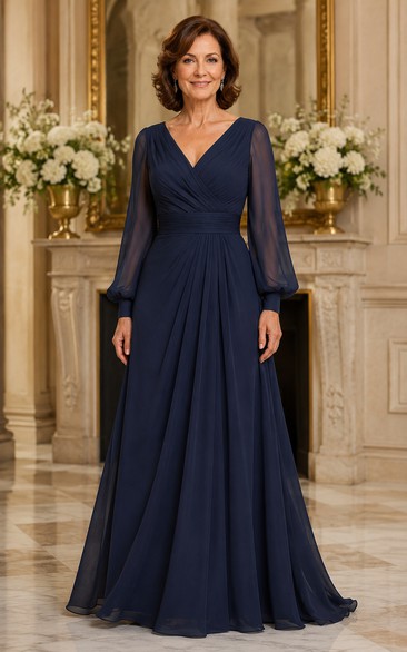 Dark Navy Long Sleeve V-neck Chiffon Mother Dress