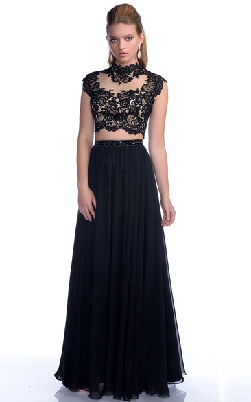 A-Line Chiffon Cap Sleeve Gown With Lace Bodice And Pleats