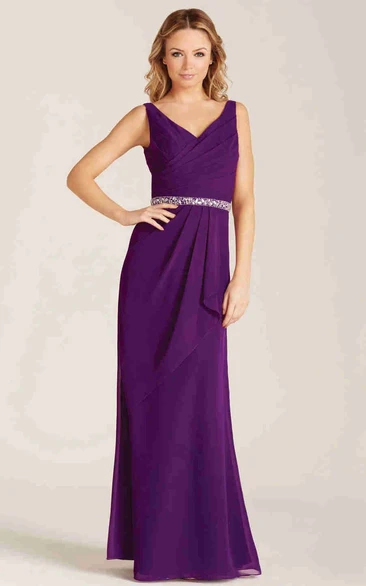 Sheath Draped Sleeveless V-Neck Chiffon Bridesmaid Dress With Waist Jewellery