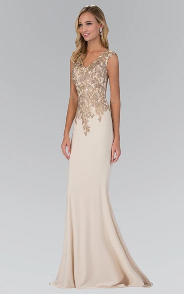 Sheath Long V-Neck Sleeveless Jersey Illusion Dress With Appliques And Beading