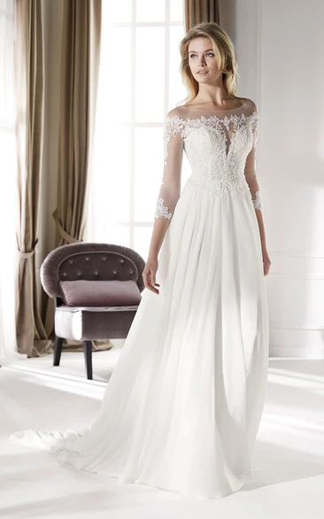 3/4 Sleeves Ethereal Illusion Lace Chiffon Court Train Bridal Elegance Gown