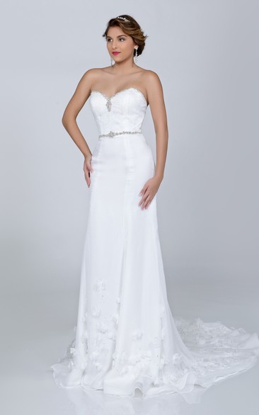 Column Chiffon Sweetheart Dress With Flowers And Beadwork