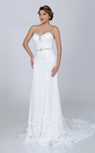 Column Chiffon Sweetheart Dress With Flowers And Beadwork