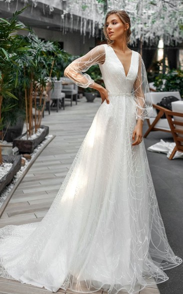 Sexy A Line Organza V-neck Court Train Long Sleeve Wedding Dress with Ruching