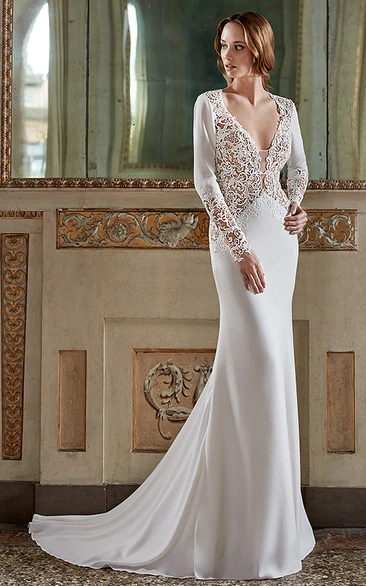 Sheath Floor-Length Jeweled V-Neck Long-Sleeve Chiffon Wedding Dress With Lace And Illusion