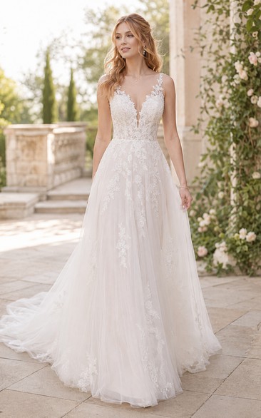 Wedding A-Line Tulle Dress with V-Neck Lace Bodice and Chapel Train