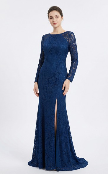 Jewel Neck Lace Long Sleeve Split Gown